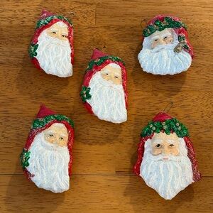 5 Vintage 70s Santa Claus Sparkly Plastic Victorian Inspired Christmas Ornaments